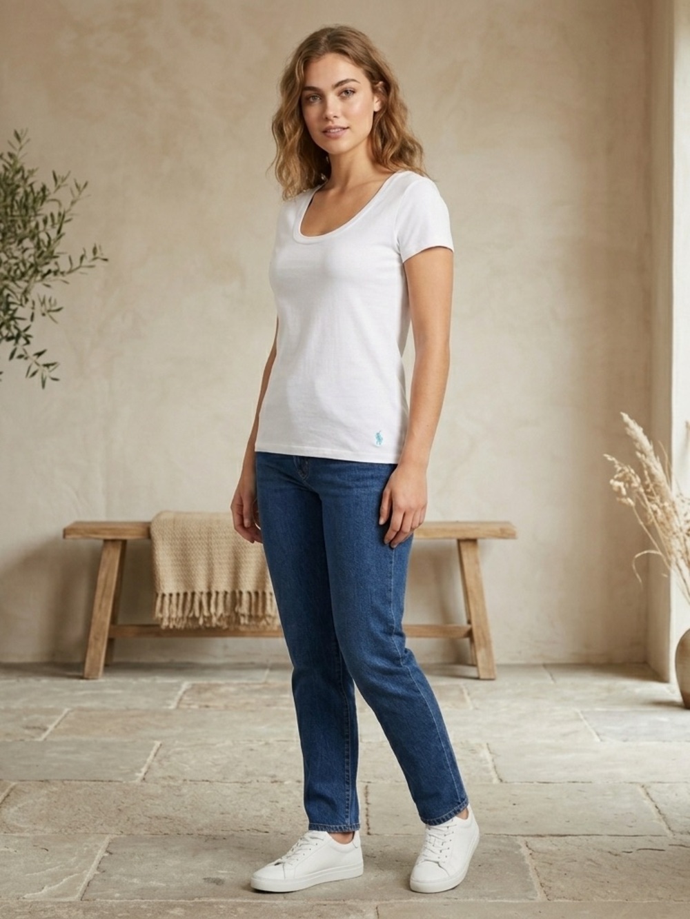 Polo Ralph Lauren White Scoop Neck Tee | Baby Blue logo | Size Large